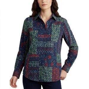 LAUREN RALPH Geometric Button-Up Blouse Women Long Sleeve Woven Size L